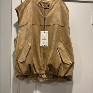 Zara Tan Suede Zip-Front Sleeveless Vest